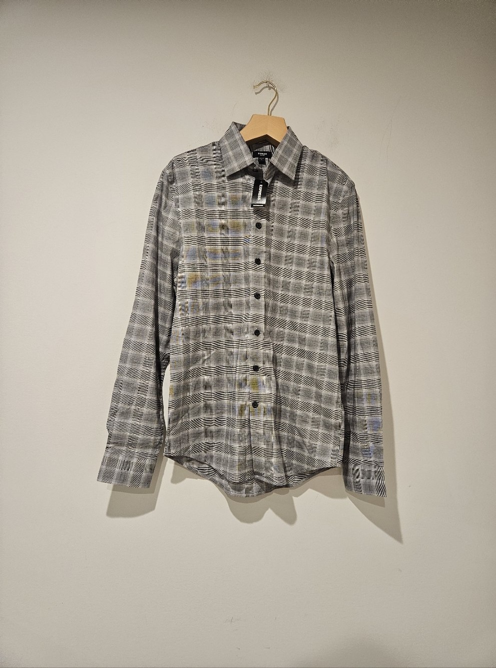 Express Men's Grey Long Sleeve Plaid Button-Up Shirt, Size XS
